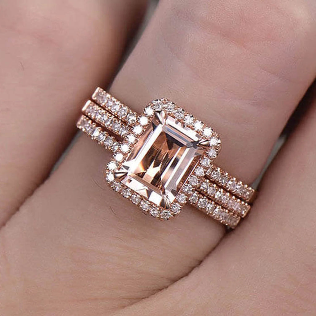 Emerald Cut Morganite Bridal Ring 10k Rose Gold Half Eternity N606917