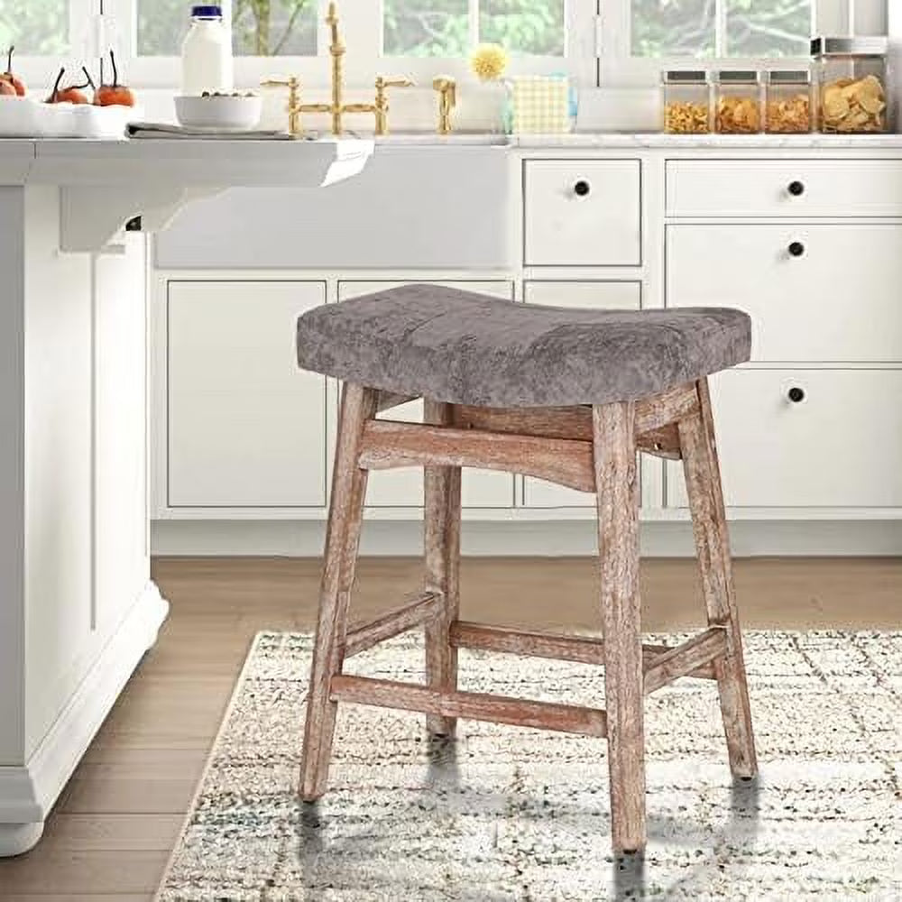 Solid Wood Saddle Kitchen Stool with Grey Linen Fabric Cushion Counter Height Barstool, 24 Inch B406