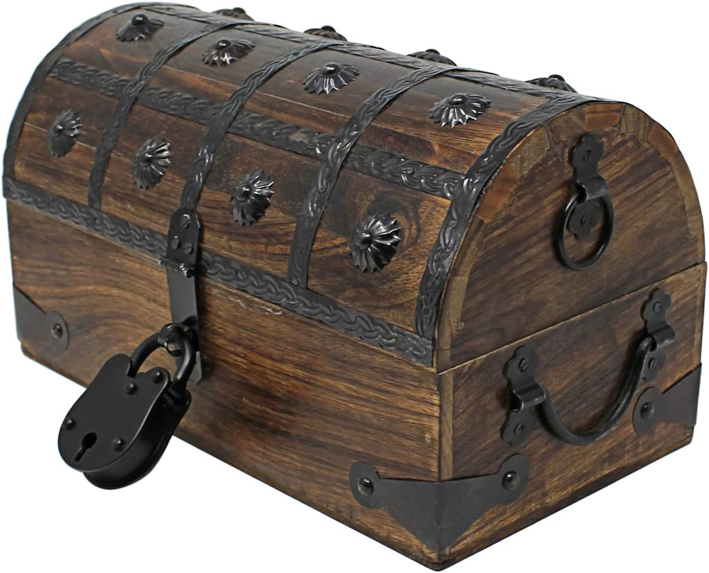 Pirate Treasure Chest with Iron Lock and Skeleton Key Wooden Storage Box A84938