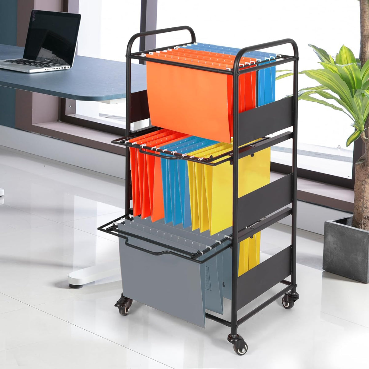 3-Tier Metal Rolling File Cart with Wheels, Black L259392