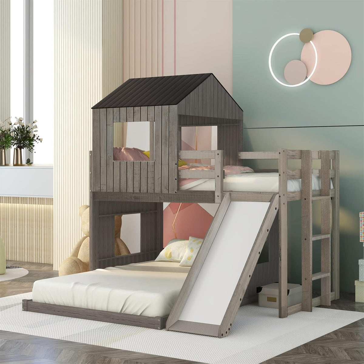 White Twin Over Twin Wood Bunk Bed with Slide and Storage Staircase Y3206