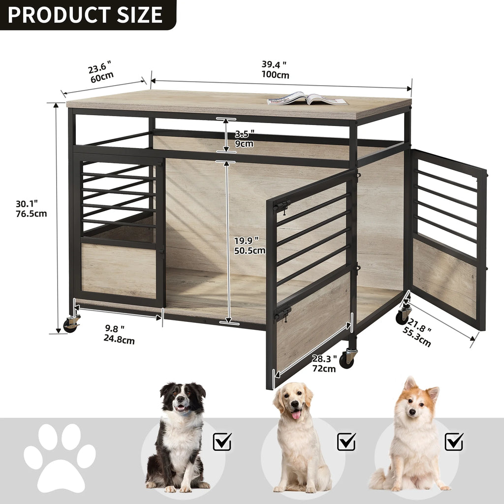 Grey Wooden Dog Crate Furniture with Wheels W417