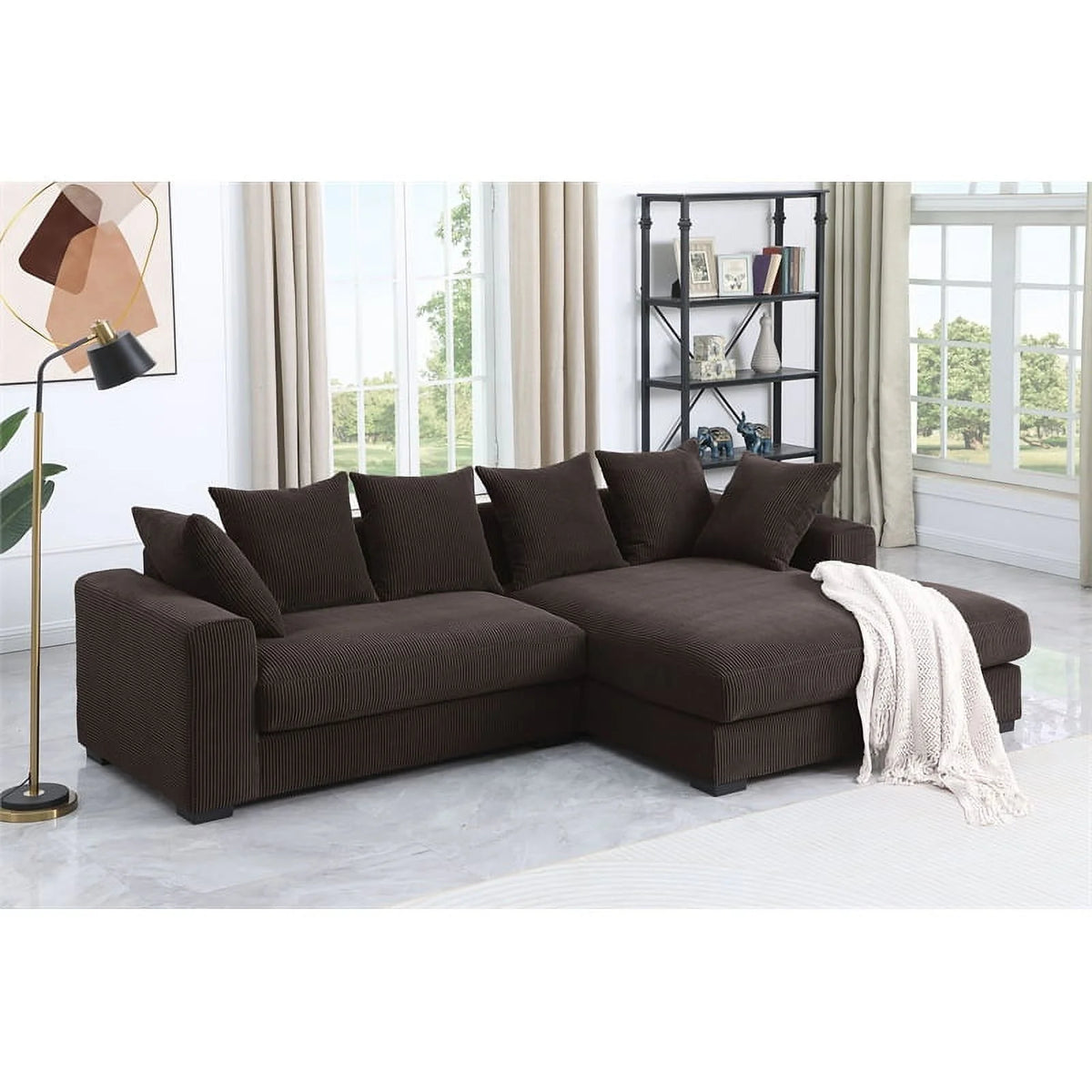 Brown Corduroy Upholstered Sectional Sofa with Chaise T72074
