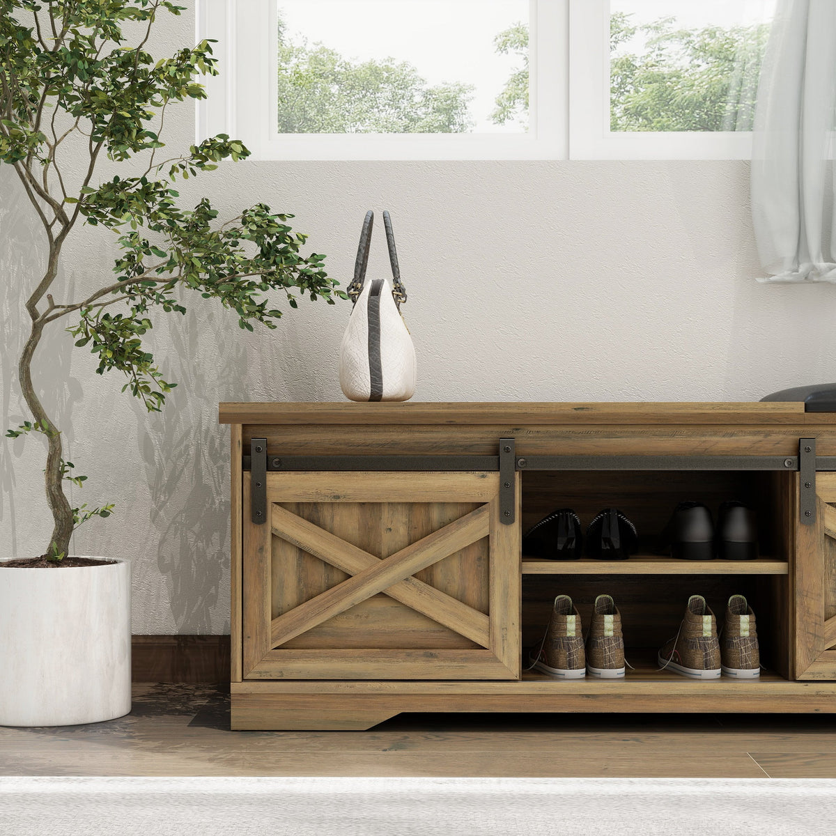 Brown Shoe Storage Bench with Cushion and Doors L82573