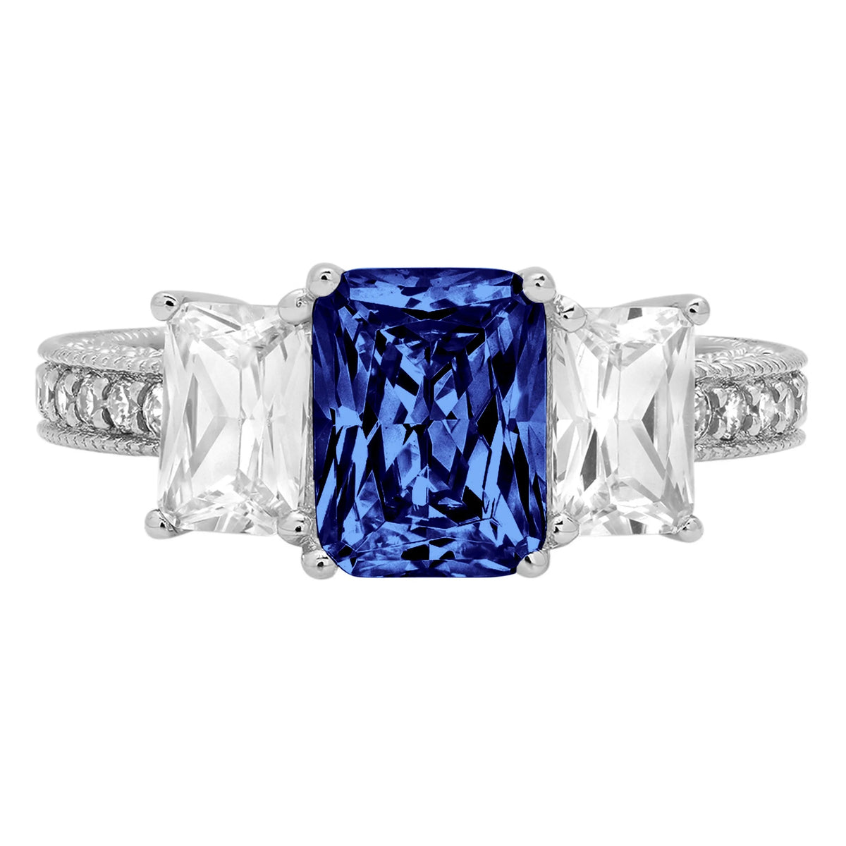 18k White Gold Three-Stone Ring with Blue Simulated Tanzanite Q41167