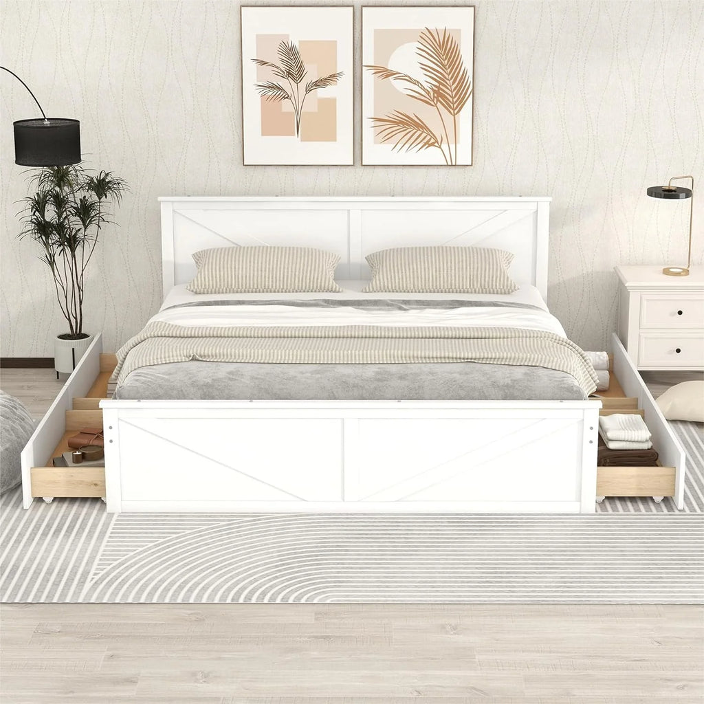 White Storage Bed with Headboard and 4 Drawers Q37084