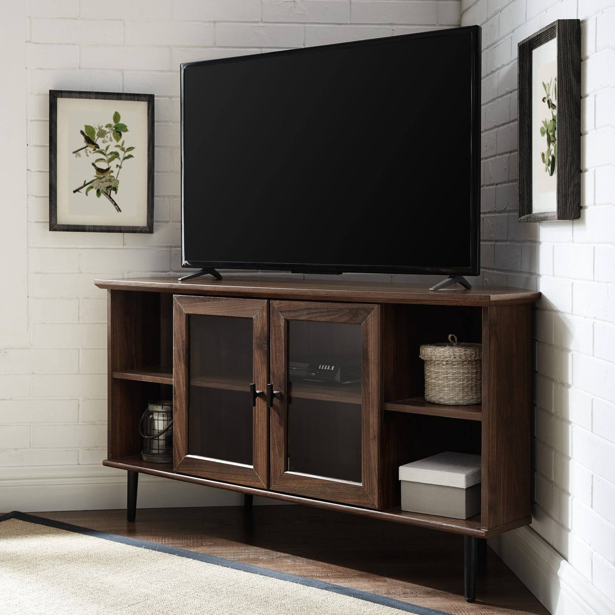 Dark Walnut Glass Door Corner TV Console Q57970