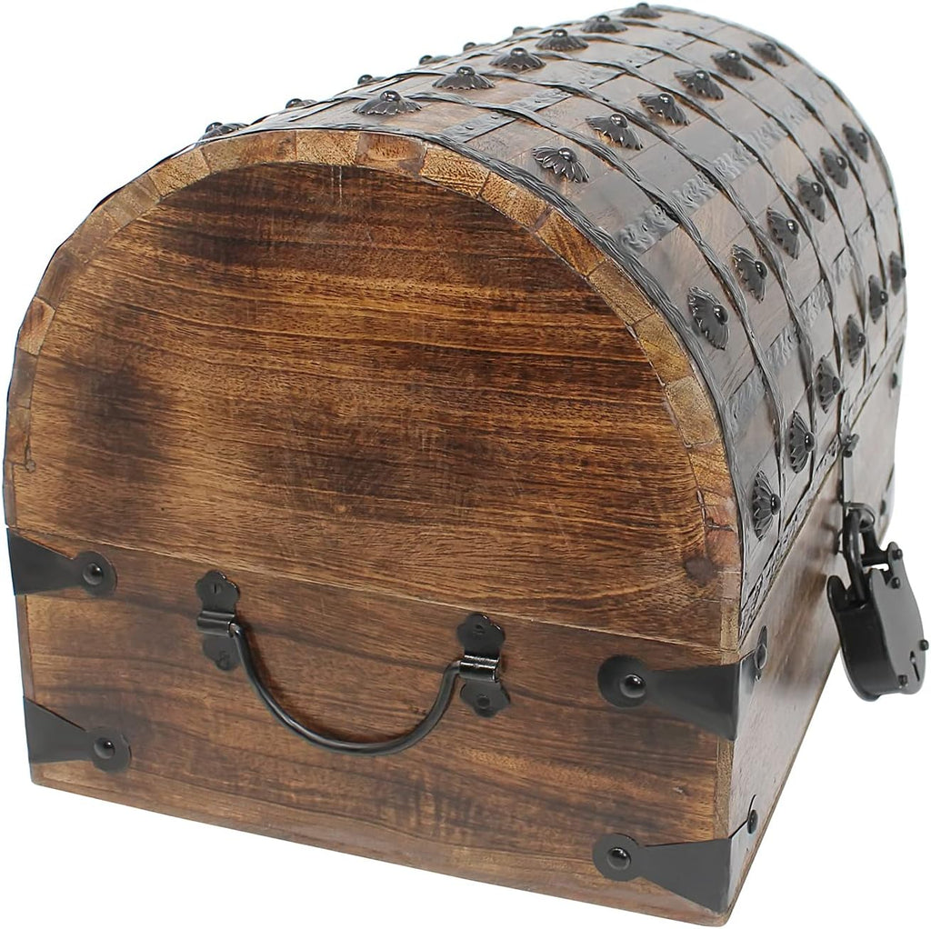 Pirate Treasure Chest with Iron Lock and Skeleton Key Wooden Storage Box A84938