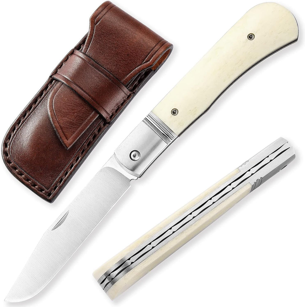Folding Pocket Barlow Knife with Leather Sheath, 3in Bohler M390 Steel Blade, TC4 Ti Alloy & OX Bone Handle R557