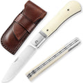 Folding Pocket Barlow Knife with Leather Sheath, 3in Bohler M390 Steel Blade, TC4 Ti Alloy & OX Bone Handle R557