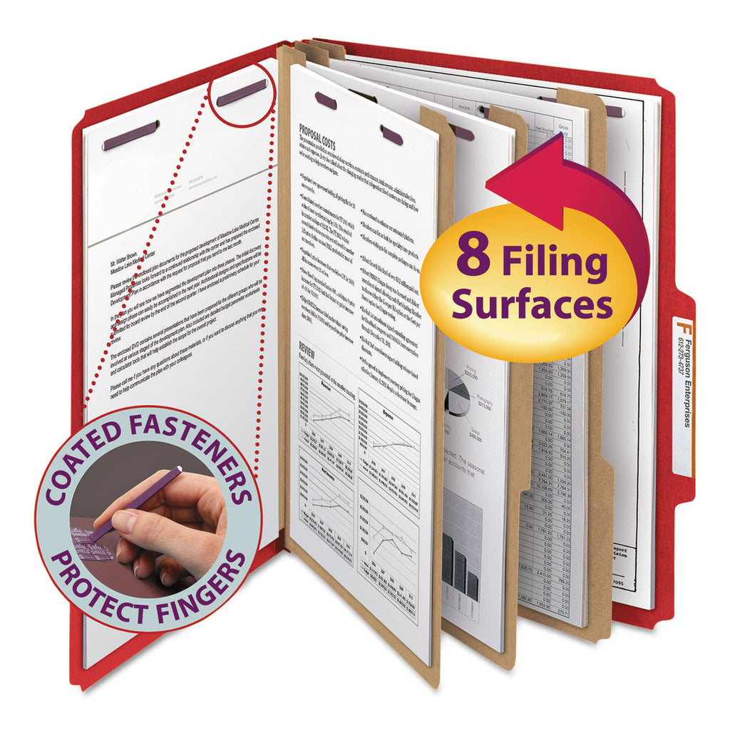 Bright Red Letter Size Classification Folders with Fasteners, 10/Box X8967