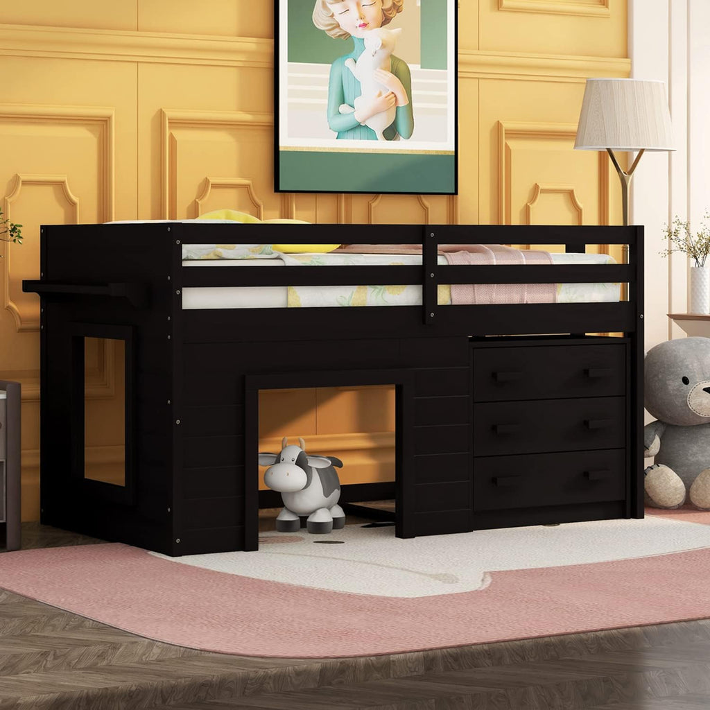 Espresso Wood Twin Low Loft Bed Frame with Storage Drawers P6177