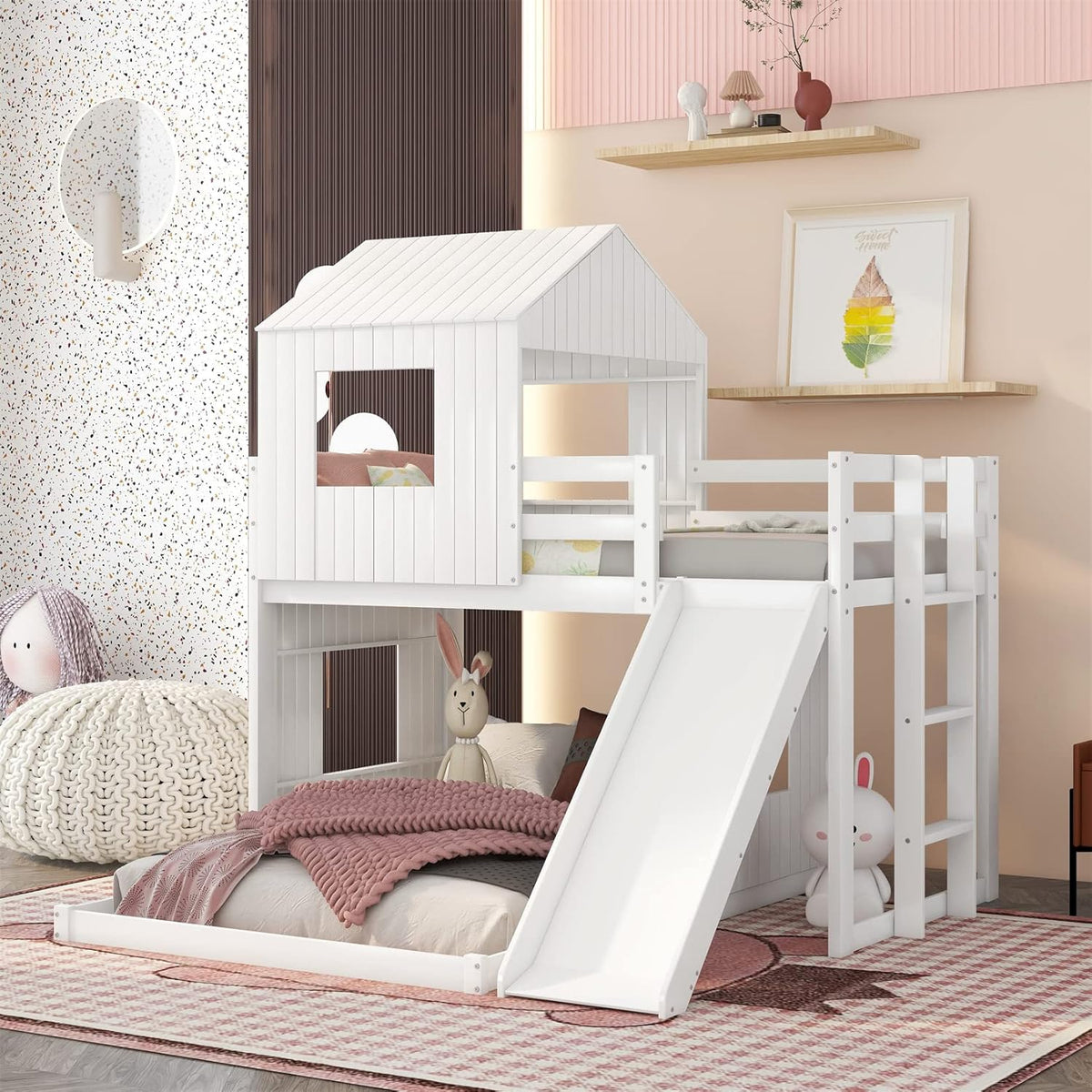White Twin Over Twin Wood Bunk Bed with Slide and Storage Staircase Y3206