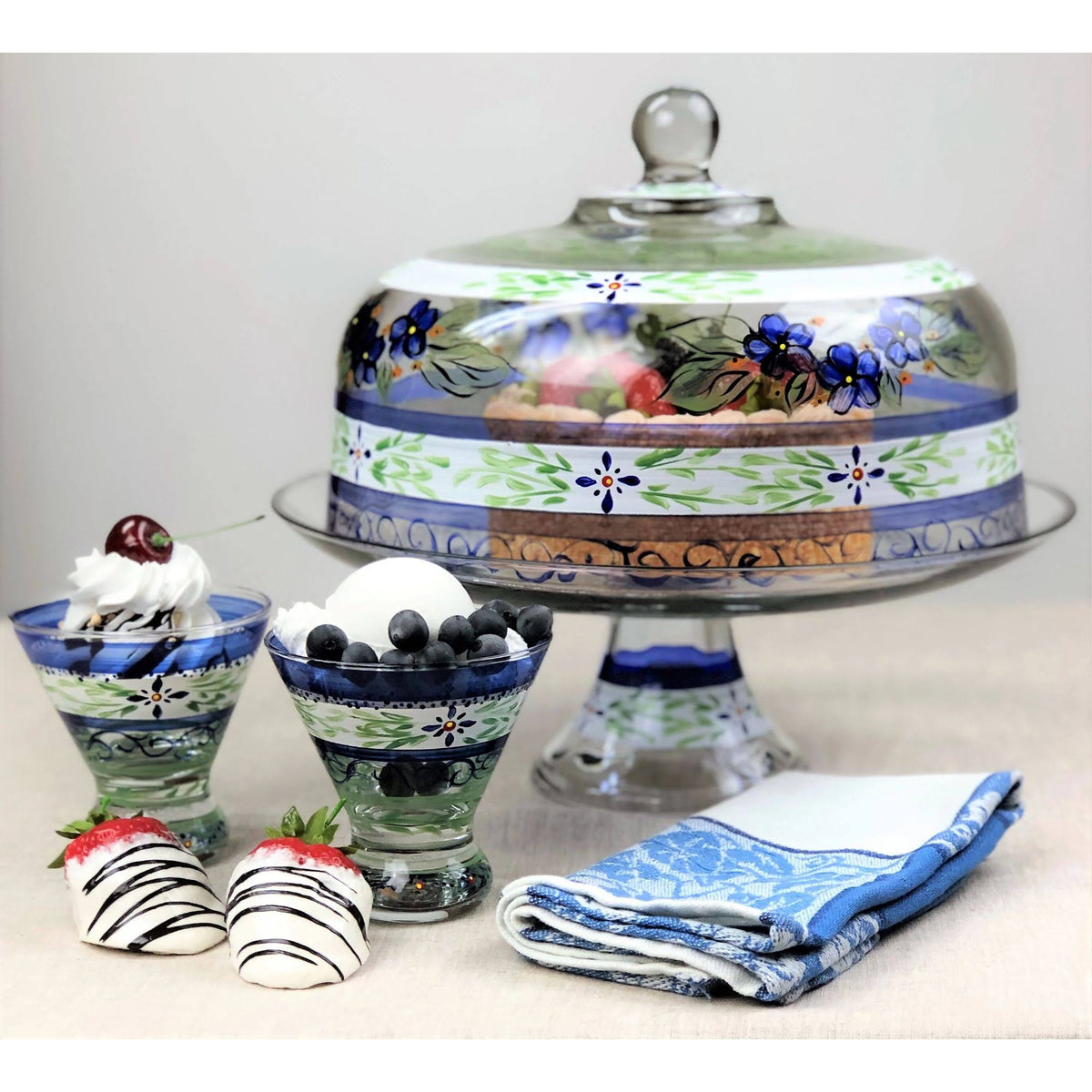 Blue Floral Hand Painted Glass Large Cake Dome L306