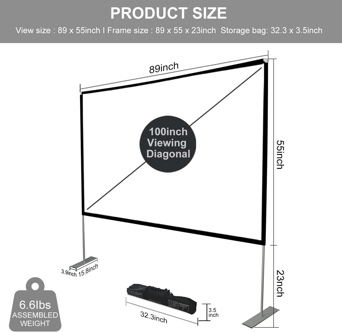 100 inch 16:9 Portable Projector Screen with Stand and Carry Bag L2927