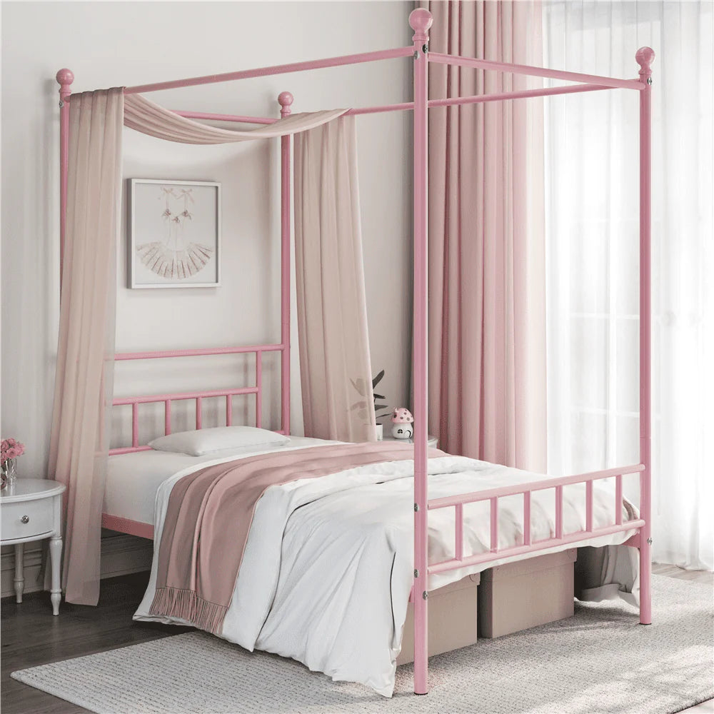 White Twin Metal Canopy Bed Frame with Headboard and Footboard E1617