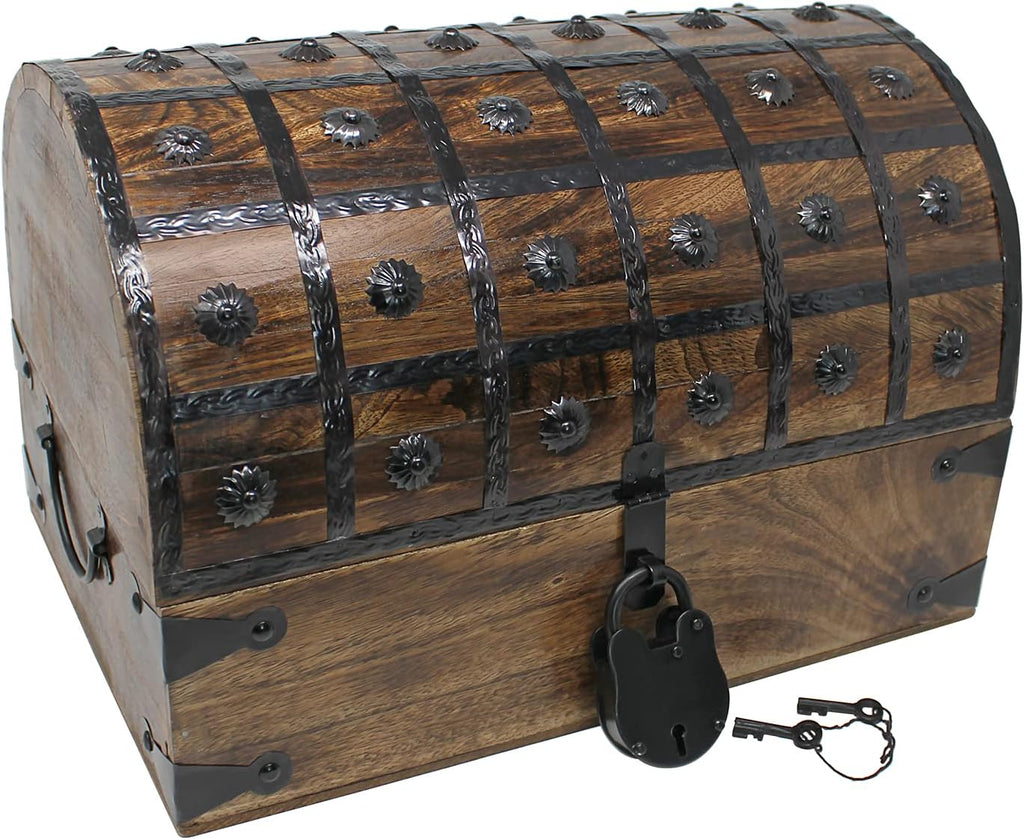 Pirate Treasure Chest with Iron Lock and Skeleton Key Wooden Storage Box A84938