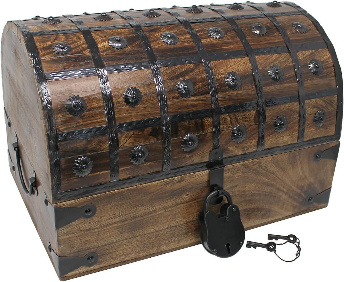 Pirate Treasure Chest with Iron Lock and Skeleton Key Wooden Storage Box A84938