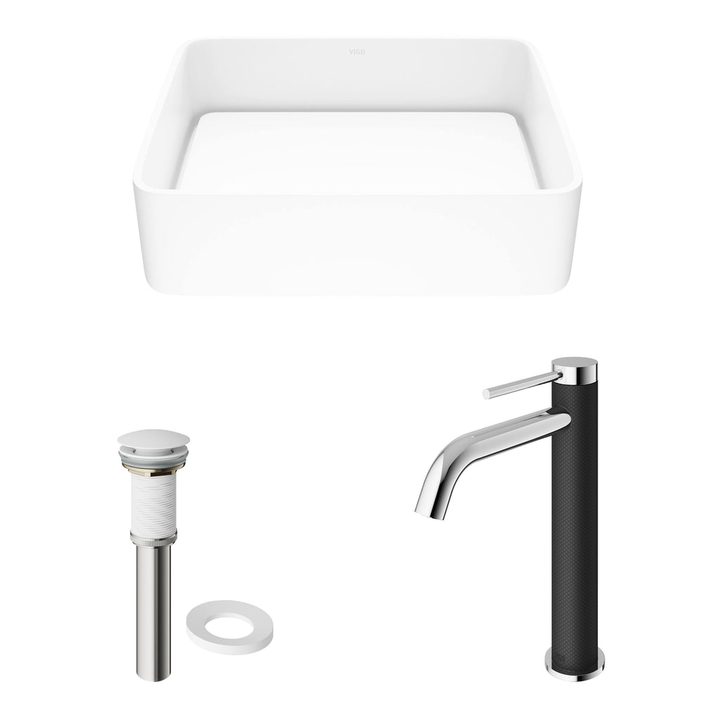 White Rectangular Vessel Bathroom Sink with Chrome Faucet and Pop-Up Drain D8695