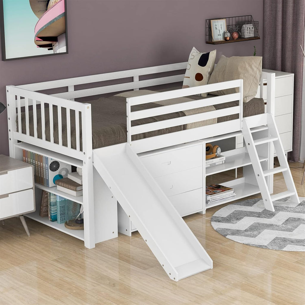 Espresso Wood Twin Low Loft Bed Frame with Storage Drawers P6177