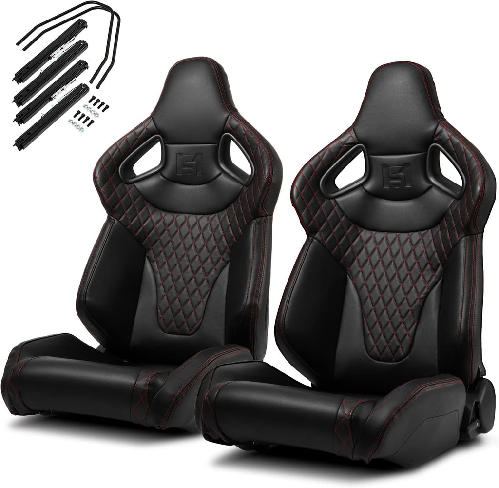 1 Pair Universal Black Carbon Fiber Leather PVC Racing Seats with Slider R8532