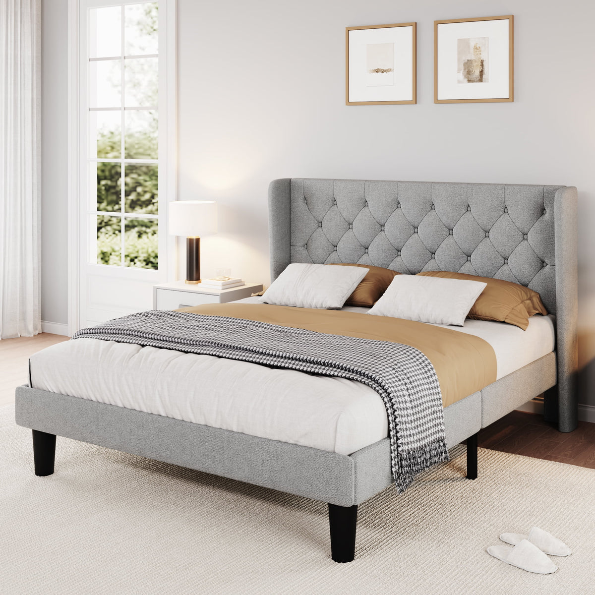 Queen Size Dark Grey Upholstered Platform Bed Frame X4700