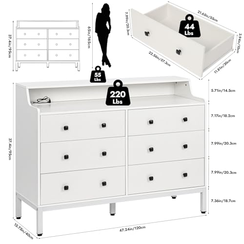 6 Drawer White Wood Dresser with Charging Station R473