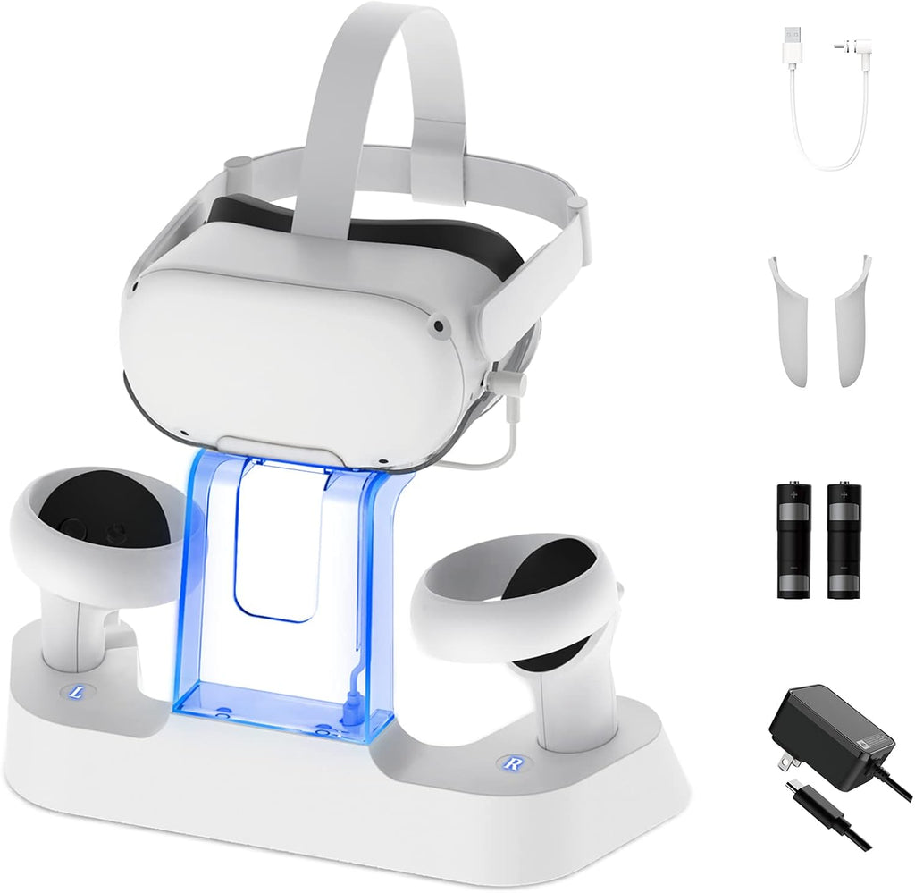 Charging Dock with LED Light for Oculus Quest 2, Headset Display Stand and Controller Mount, 2 Rechargeable Batteries, Magnetic Cable Pack of 2 R4869