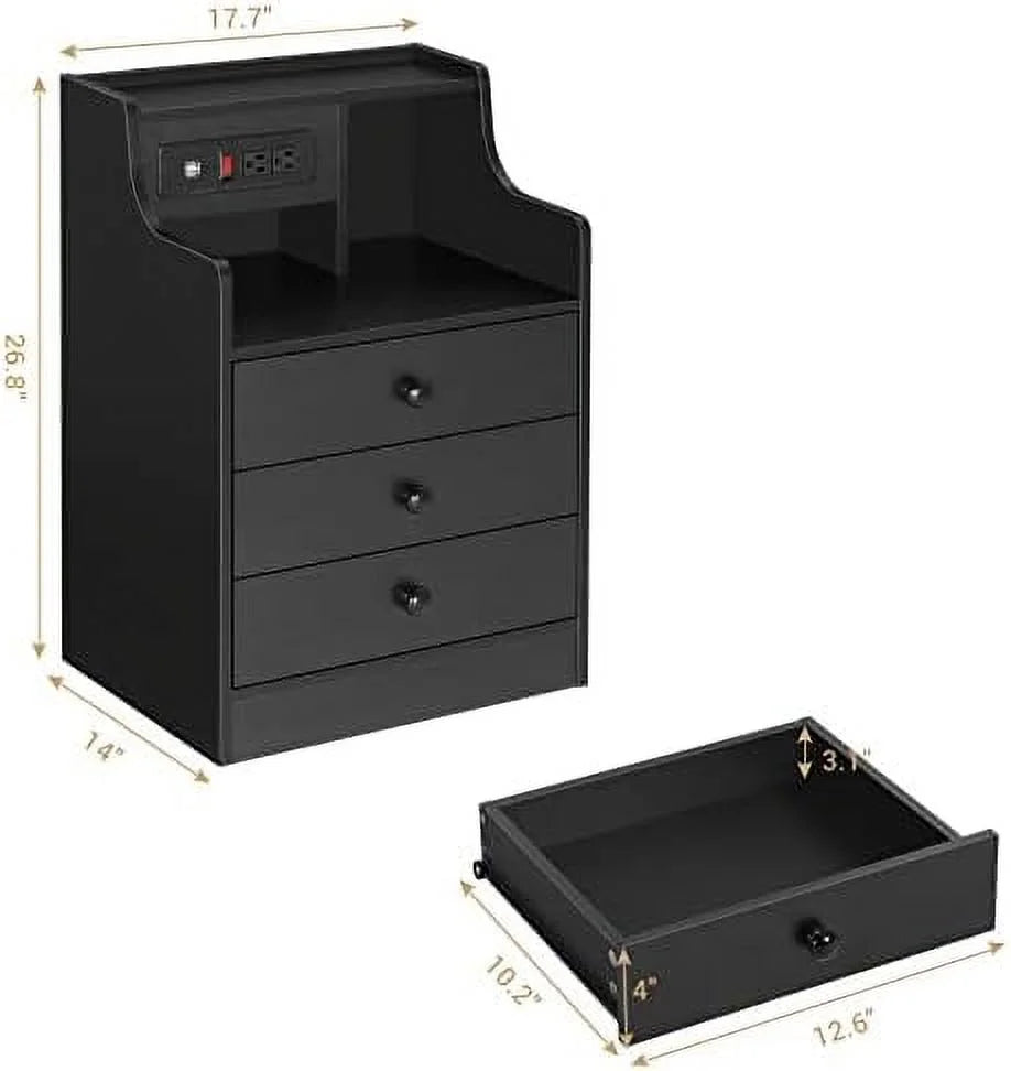 Black 3 Drawer Wood Nightstand with Charging Station J895