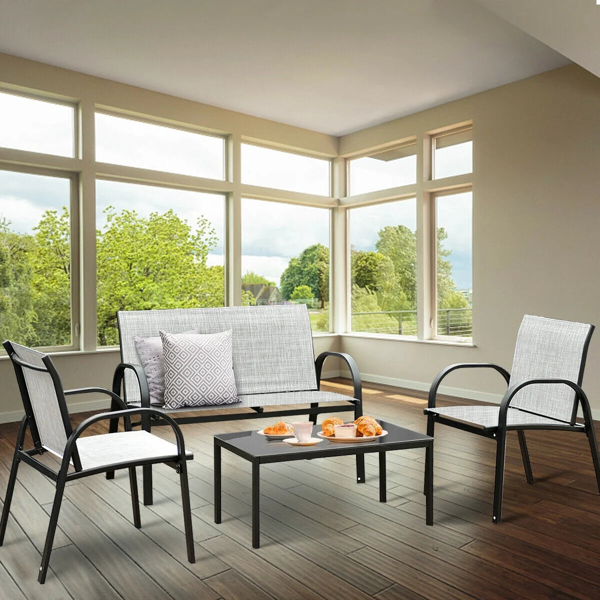 4 PCS Patio Furniture Set Sofa Coffee Table Gray O853452