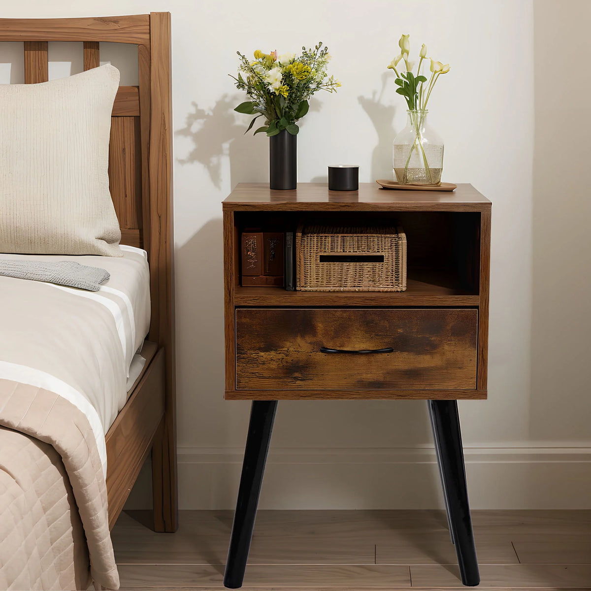 Set of 2 Nightstand with Drawer and Shelf, Wood Frame and Metal Legs, Brown R60430