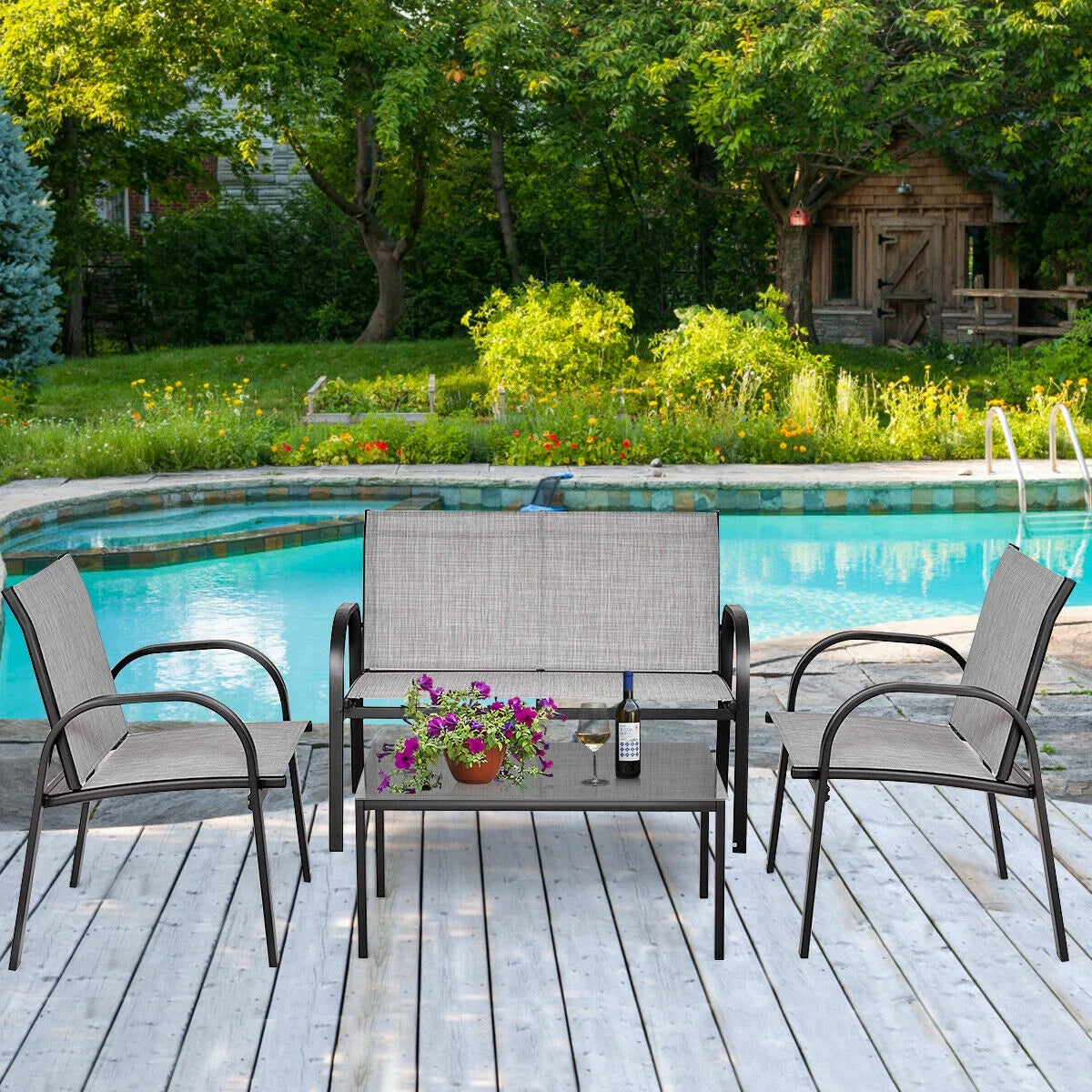 4 PCS Patio Furniture Set Sofa Coffee Table Gray O853452