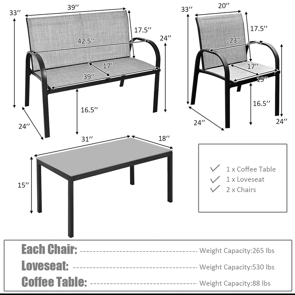 4 PCS Patio Furniture Set Sofa Coffee Table Gray O853452