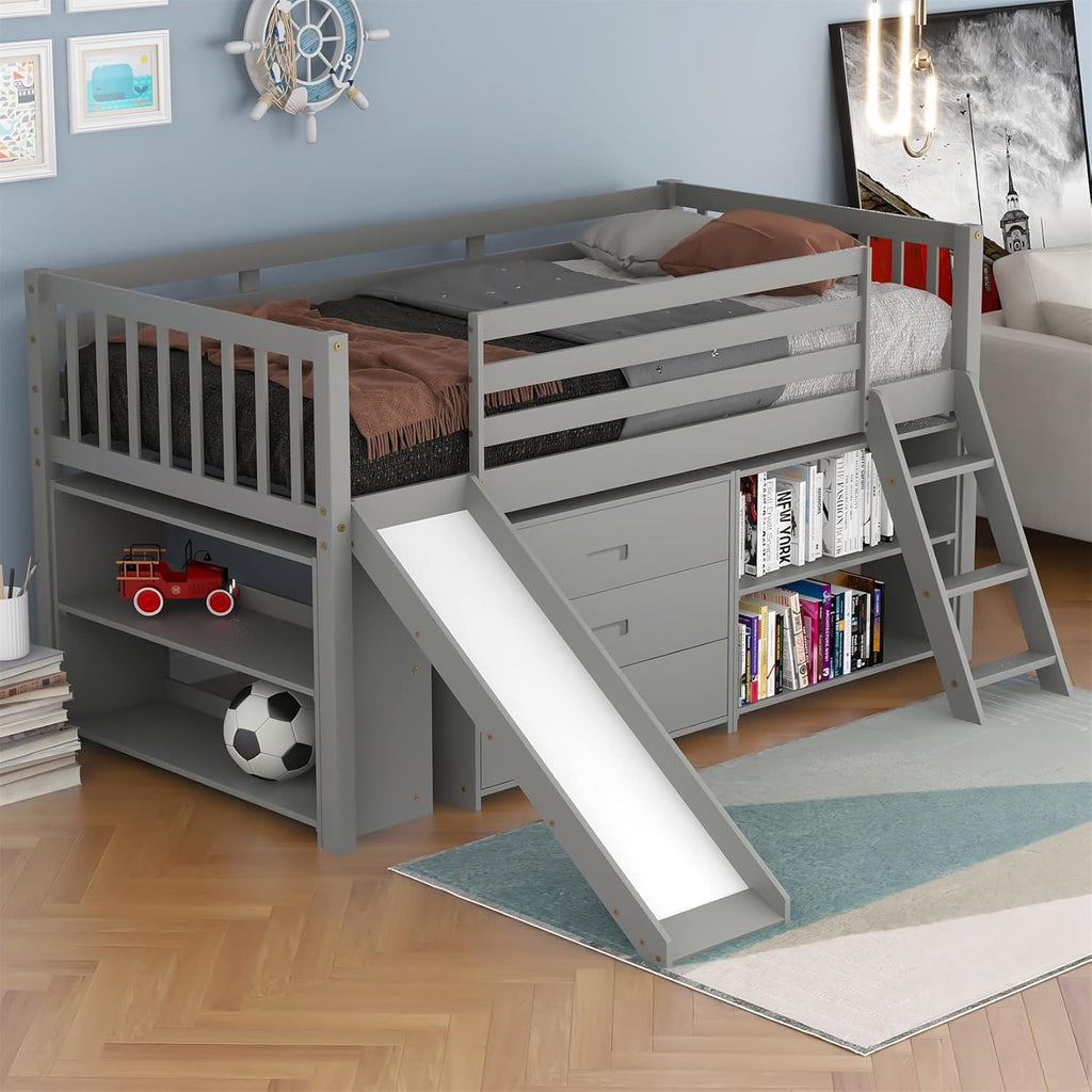 Espresso Wood Twin Low Loft Bed Frame with Storage Drawers P6177