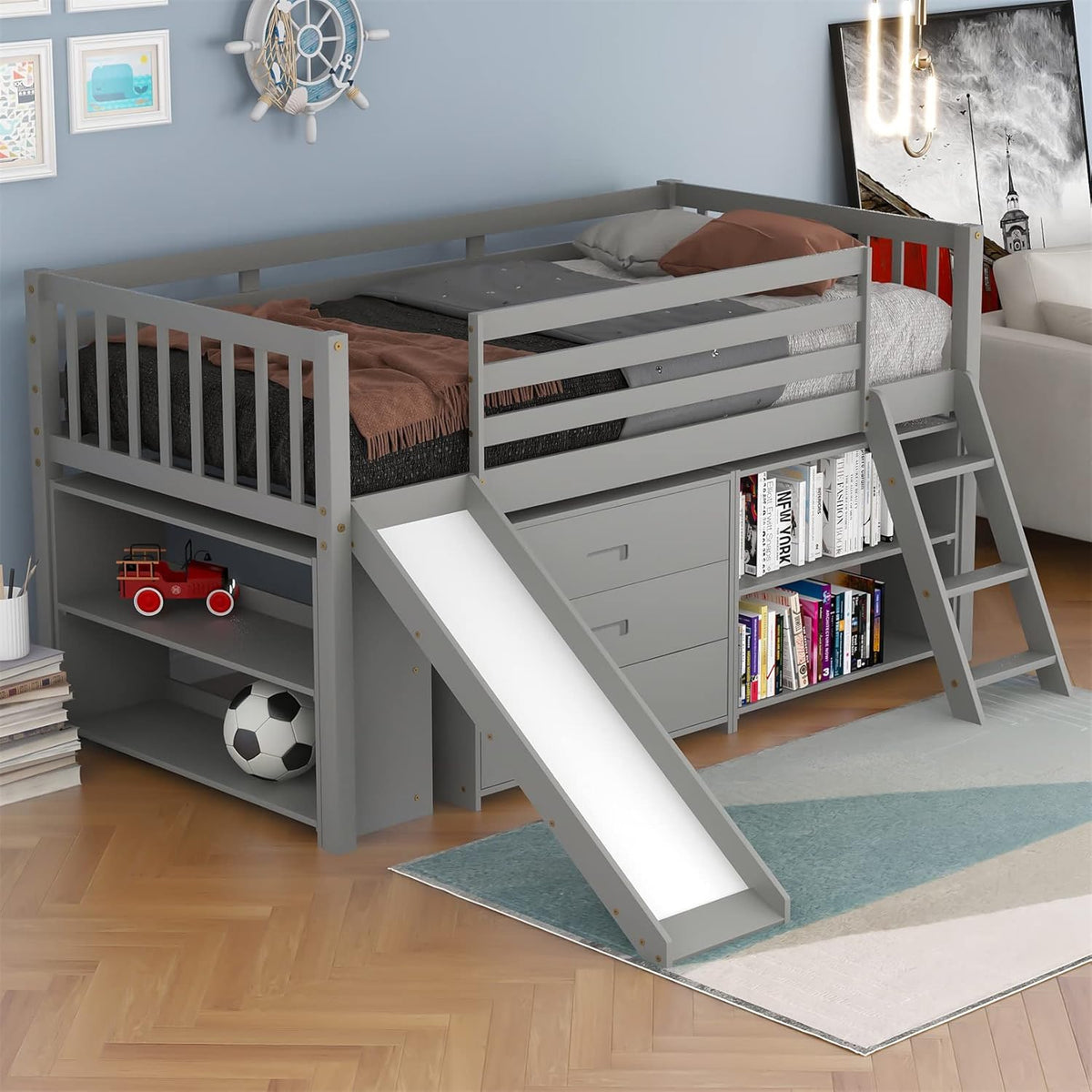 Espresso Wood Twin Low Loft Bed Frame with Storage Drawers P6177