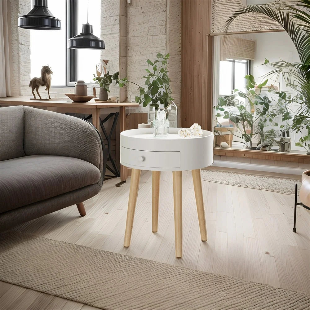 Modern Coffee Table with Drawer, Wood Legs, White, 18" H S74399
