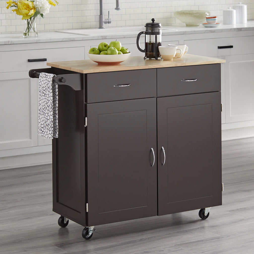 Large Black Kitchen Cart with Wood Top X149643