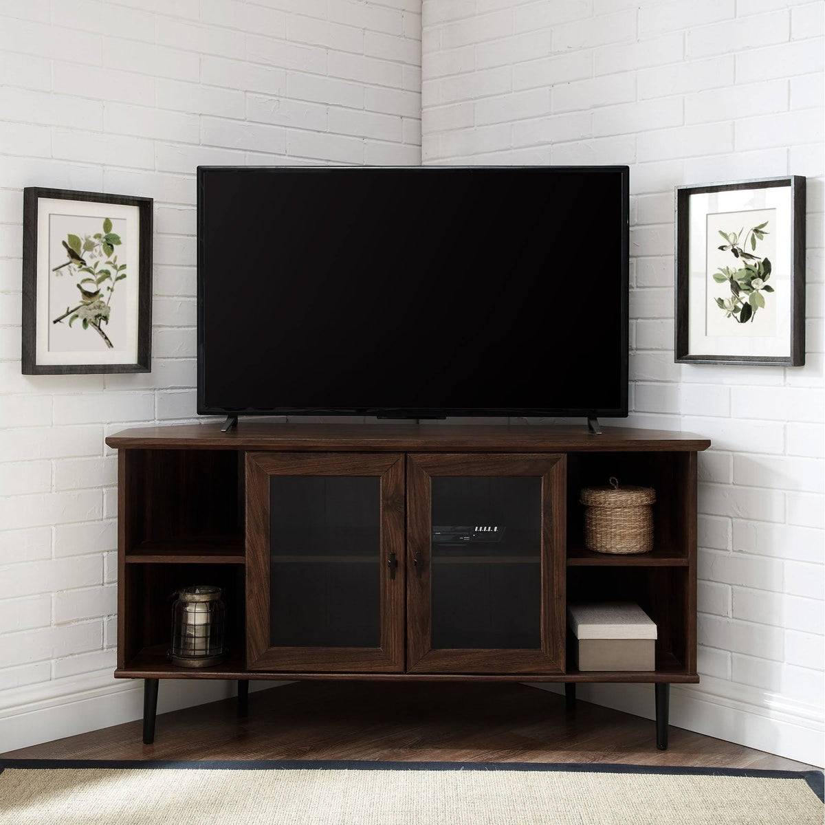 Dark Walnut Glass Door Corner TV Console Q57970