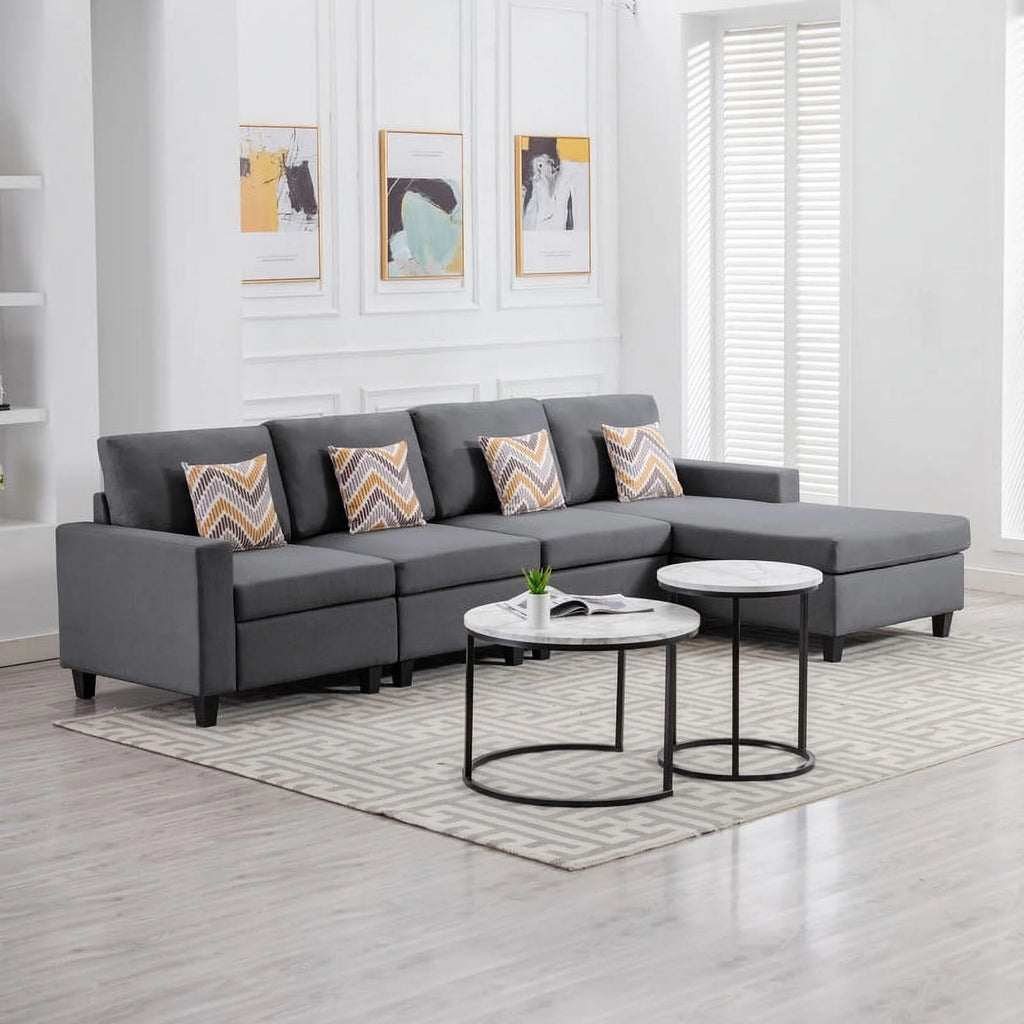 Beige Linen 4Pc Reversible Sectional Sofa Chaise with Pillows Y259