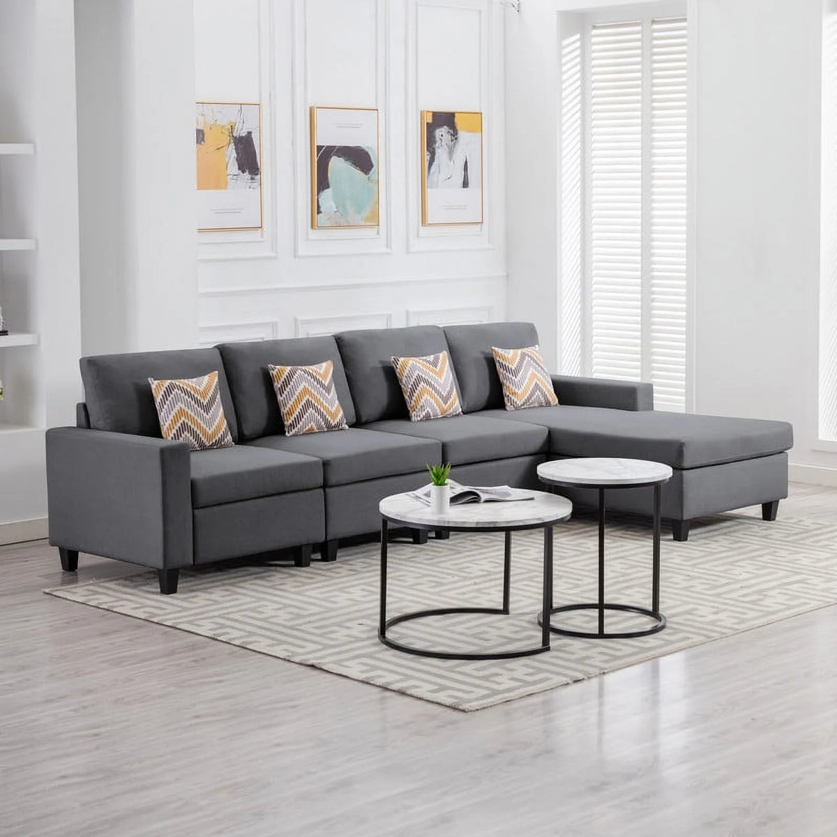 Beige Linen 4Pc Reversible Sectional Sofa Chaise with Pillows Y259