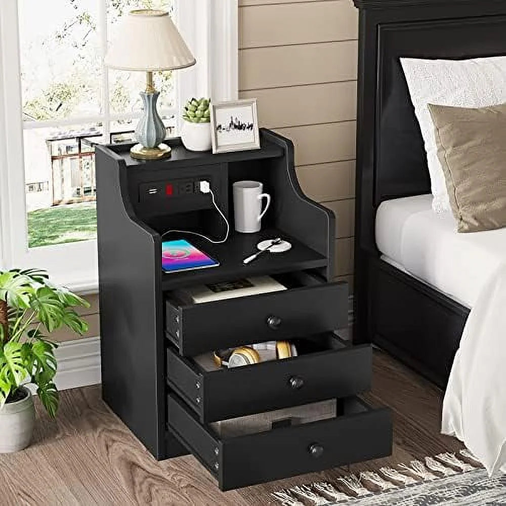 Black 3 Drawer Wood Nightstand with Charging Station J895