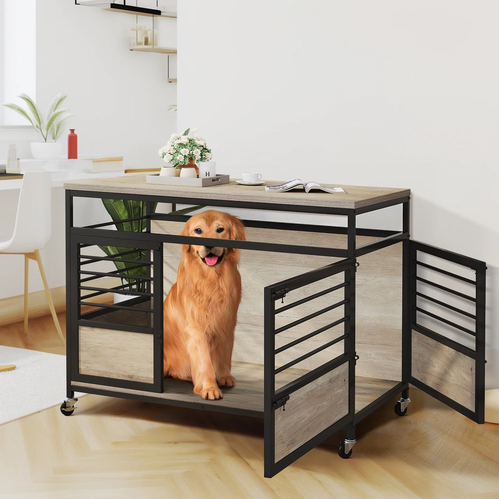 Grey Wooden Dog Crate Furniture with Wheels W417