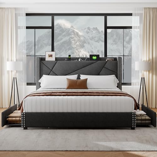 Light Grey Queen Bed Frame with 4 Storage Drawers Y837589