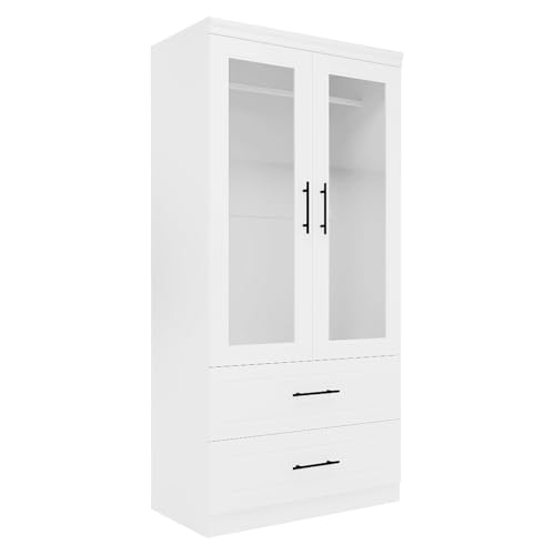 White 3 Door Armoire Wardrobe Closet with Mirror and 2 Drawers M997