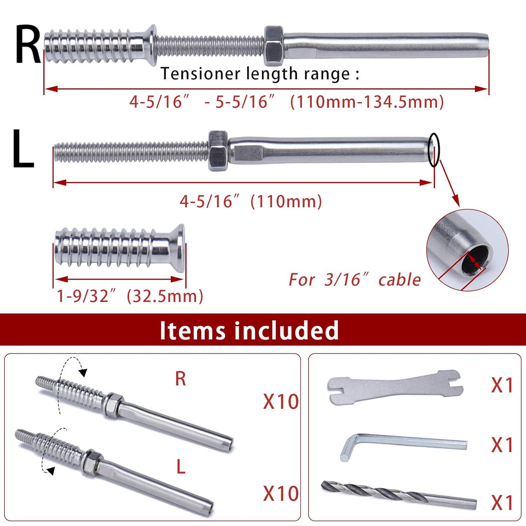 10Pair 3/16 T316 Cable Railing Kit Threaded Stud Hardware Y265