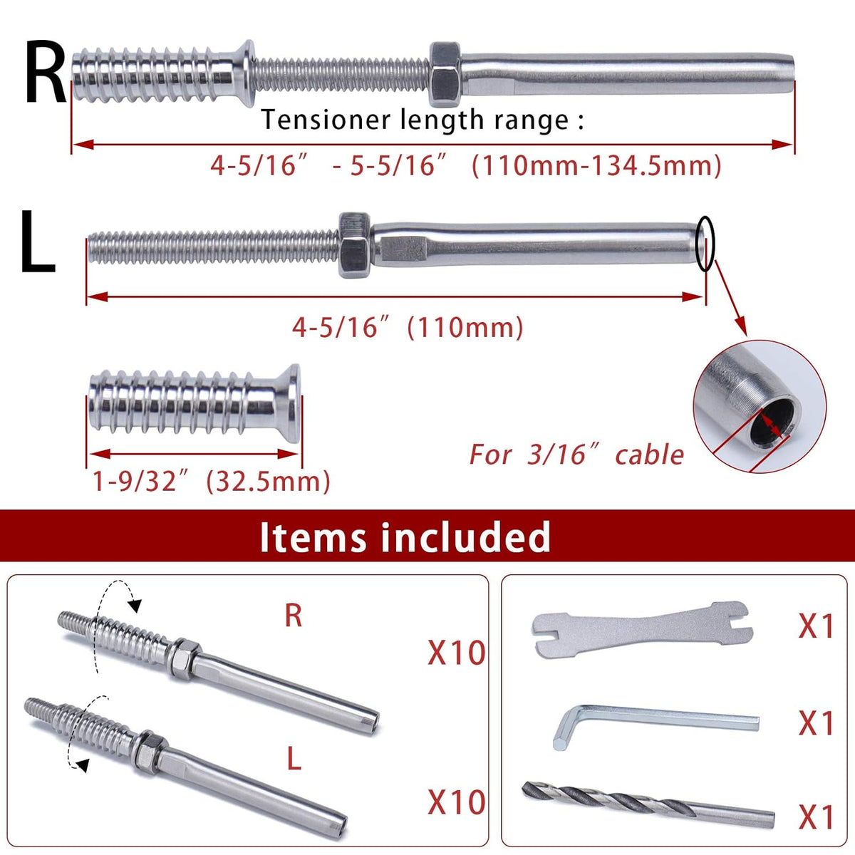 10Pair 3/16 T316 Cable Railing Kit Threaded Stud Hardware Y265