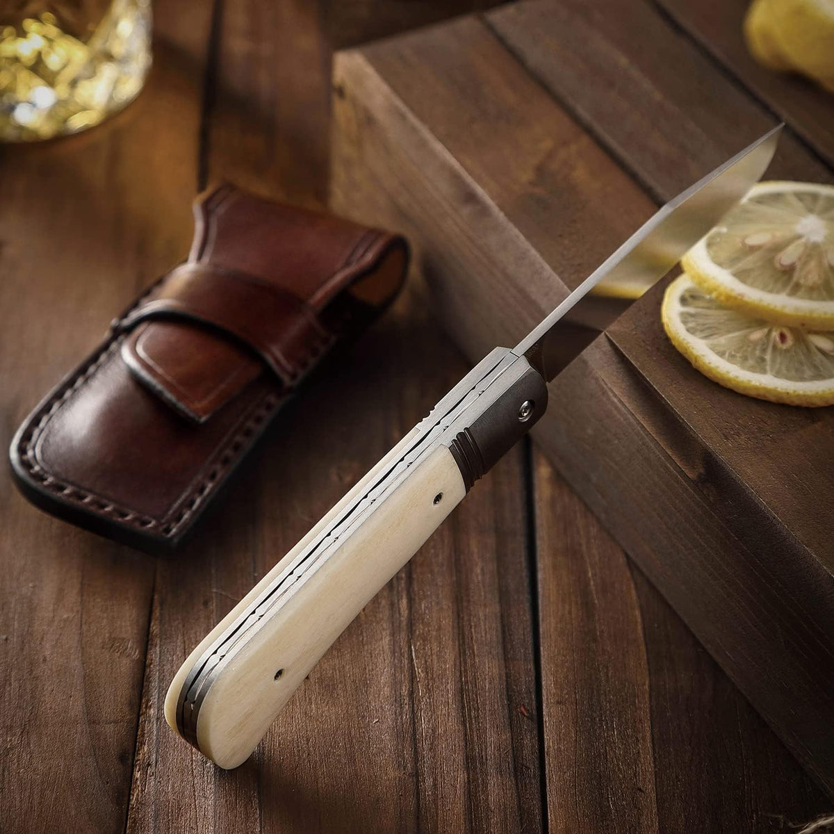 Folding Pocket Barlow Knife with Leather Sheath, 3in Bohler M390 Steel Blade, TC4 Ti Alloy & OX Bone Handle R557