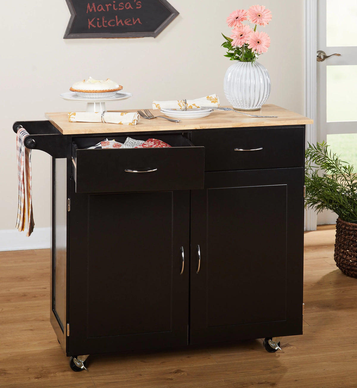 Large Black Kitchen Cart with Wood Top X149643