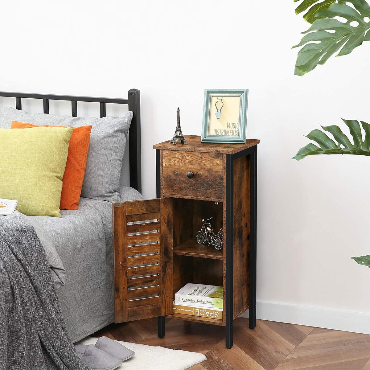 Rustic Brown Storage Cabinet with Drawer and Height-Adjustable Shelves K819229