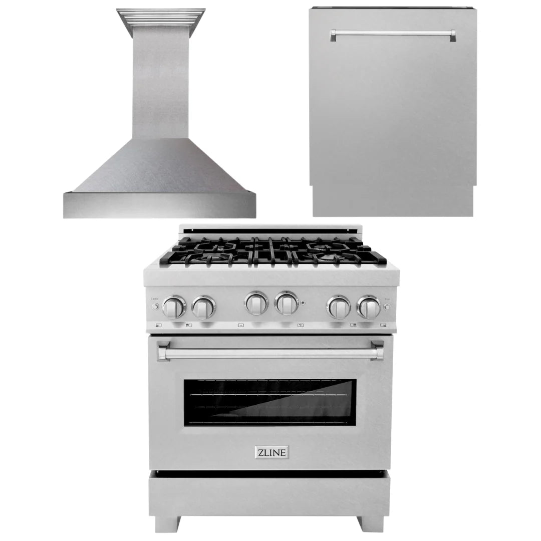 30 in. Stainless Steel Gas Range, Range Hood and Dishwasher K60191